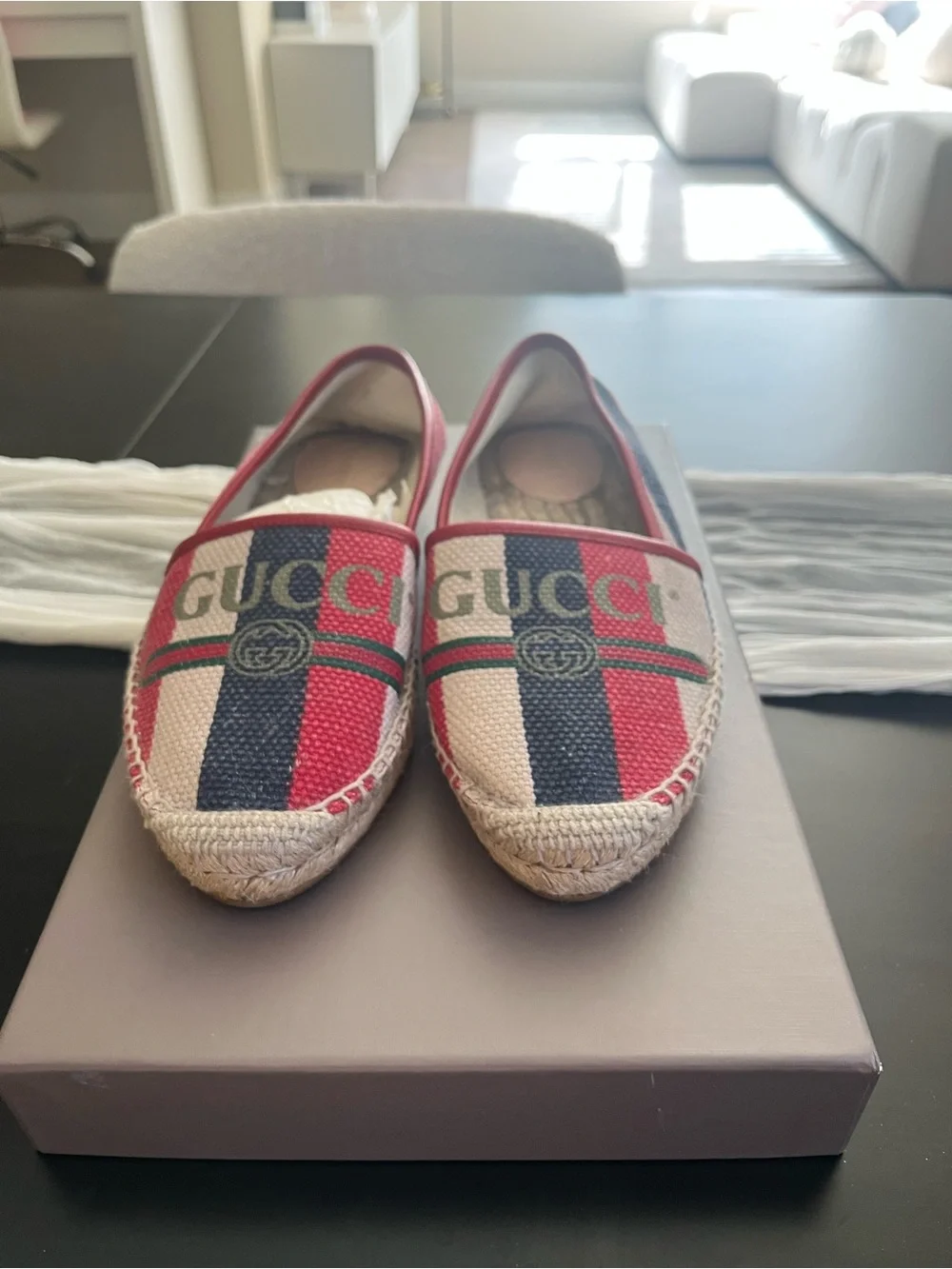 Gucci Red, Blue & White Canvas Logo Espadrille Slip-Ons - Picture 2 of 11